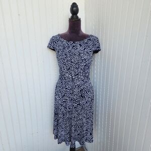 Connected Dress SZ 6 Sheath Navy Blue Dot Draped Ruched Stretch Cap Sleeve D16